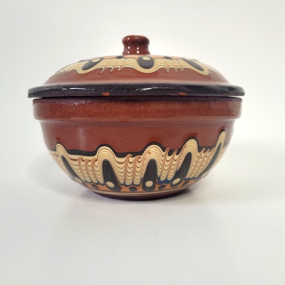 Vintage Bulgarian Troyan redware pottery lidded dish